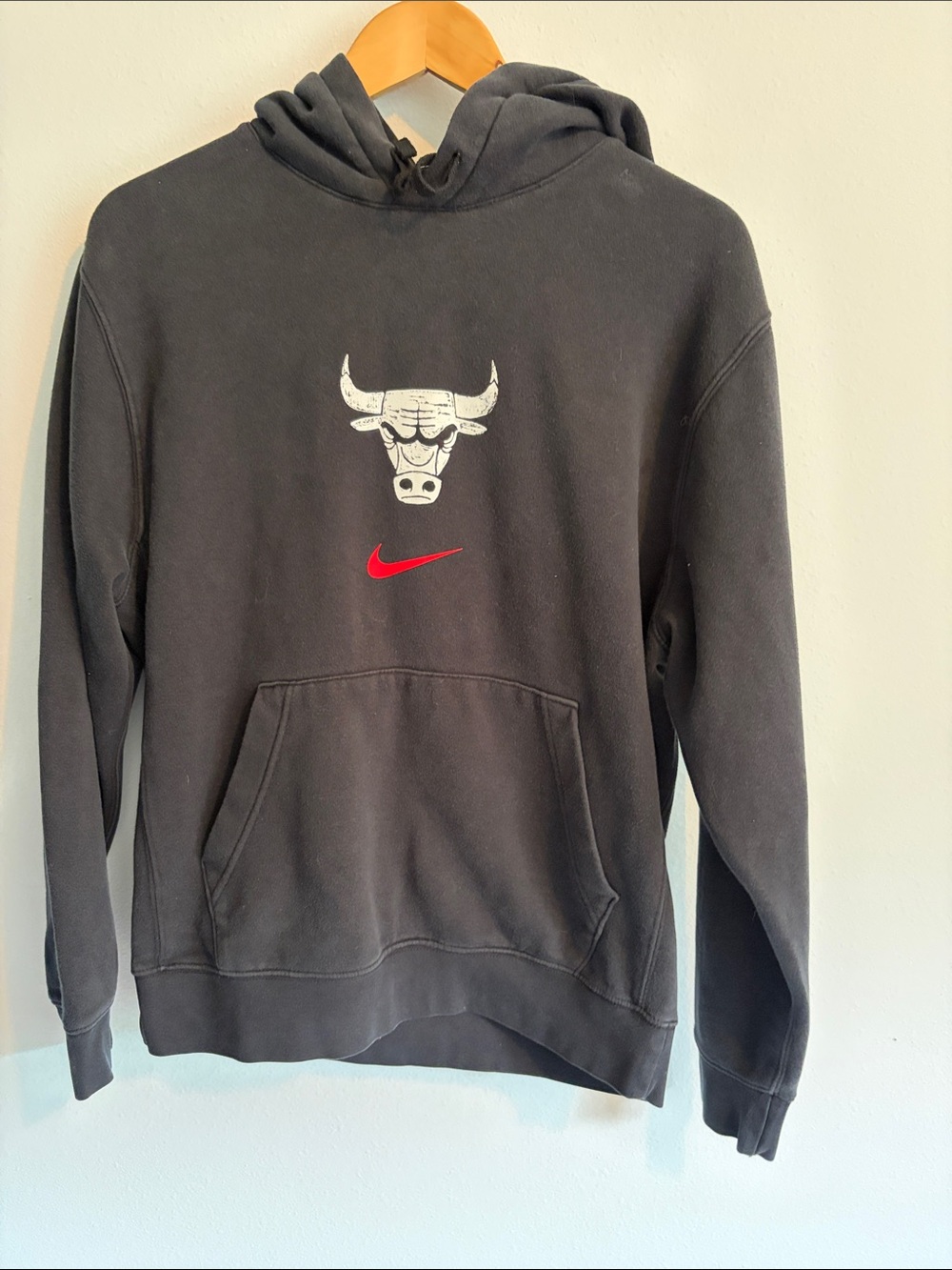 Nike Men’s Black Hoodie with White Bulls Logo and Red Swoosh